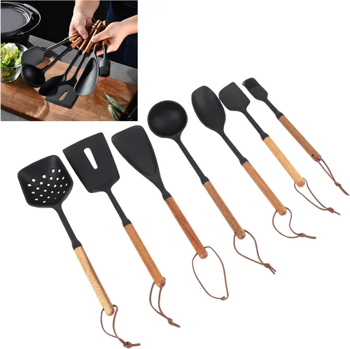 Vista 5 de Juego de utensilios de cocina de 7 piezas, espátula antiadherente de silicona a prueba de calor, espátula, cuchara con mango de madera para freír