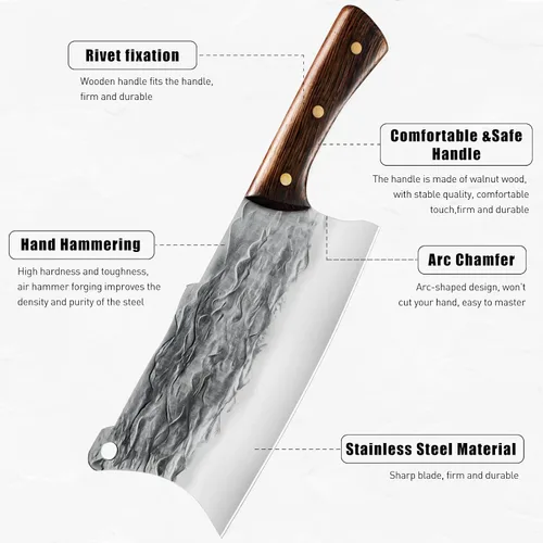 Vista 4 de ZENG Cuchillo de carnicero, cuchillo chino, cuchillo de carnicero resistente, cuchillo de cocina de acero de alto carbono, para cocina, campamento