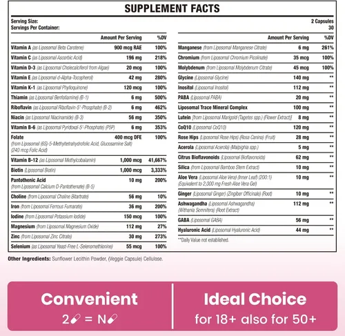 Vista 3 de Sambugra Multivitamínico liposomal para mujeres de 1400 mg – Suplementos diarios de vitaminas para mujer con hierro, vitamina A, C, D, E y B