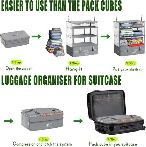 Vista 4 de Compressible Packing Cubes Portable Hanging Closet Shelves 17"x12"x24" Extendable Travel Organizer Nylon Packing Bags for Suitcase