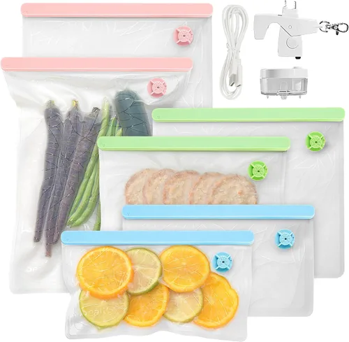 Vista 2 de Bolsas reutilizables de sellado al vacío, paquete de 6 – Bolsas de vacío y congelador sin BPA con sellador al vacío de mano más pequeño del mundo