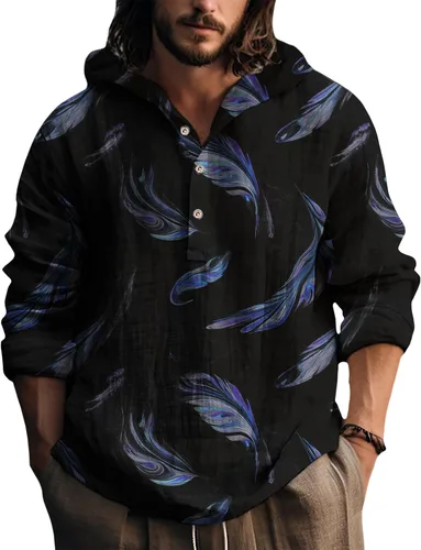 Vista 17 de Sudadera con capucha para hombre, con estampado de plumas, manga larga, 3 botones, a la moda, casual, para otoño, cómoda y suave