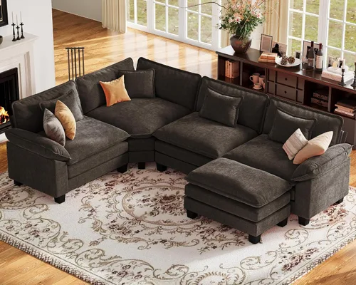 Vista 139 de Sofá modular de gran tamaño de 154 pulgadas, cómodo sofá en forma de U con 3 otomanas móviles, sofá moderno de felpilla de 7 plazas para sala