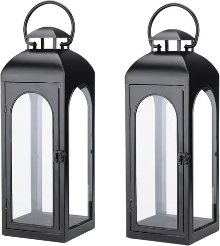 Vista 11 de Bdor 2 Pack de linternas de metal negro de lujo – Linternas modernas tipo huracán de 16" de alto con paneles de vidrio templado para porche frontal