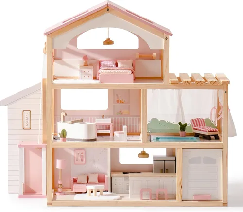 Vista 9 de ROBOTIME Casa de muñecas de madera, casa de muñecas con juego de muebles de 29 piezas, piscina y ascensor, casa de muñecas de madera para muñecas