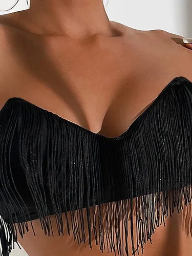 Vista 5 de WDIRARA Conjunto de traje de baño de 2 piezas para mujer, sin tirantes, ribete de flecos, corte alto, conjunto de bikini bandeau