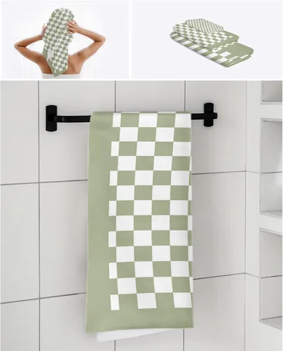 Vista 7 de Sage Green Plaid Bath Towels for Bathroom Set - Luxury Towels Gifts for Women,Quick Dry Beach Kitchen Hand Hair Face Yoga Workout Gym Towel and Dish