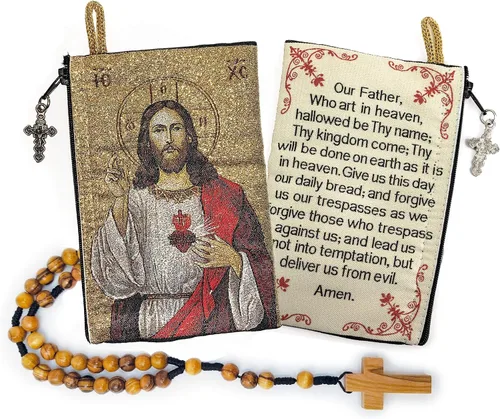 Vista 23 de Bolsa de rosario con cuerda católica de madera de olivo, rosario de Israel, Jesús Rey del Universo y creo en Dios, tela tejida, estilo tapiz, bolsa