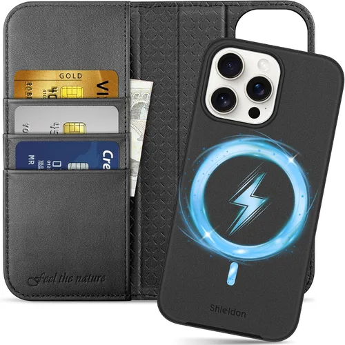 Vista 10 de SHIELDON Funda para iPhone 15 2023, funda de piel auténtica desmontable tipo cartera con función atril, bloqueo RFID, ranuras para tarjetas