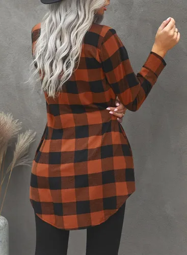 Vista 4 de EVALESS Chamarra Shacket de Cuadros con Bloques de Color para Mujer, Ropa de Otoño, Conjuntos de Moda 1b marrón