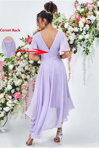 Vista 2 de TORYEMY Vestidos de dama de honor para mujer, vestidos formales plisados de gasa con cuello en V