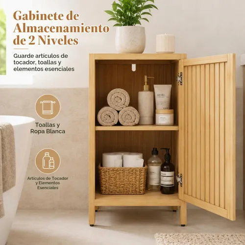Vista 3 de Gabinete de almacenamiento de bambú, gabinete de piso de baño Natural