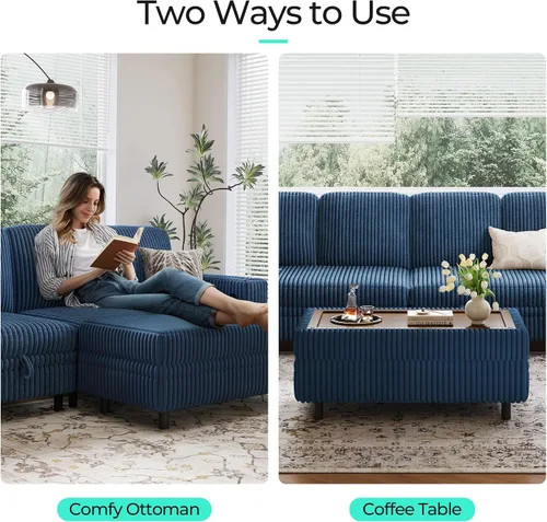 Vista 4 de LINSY HOME Sofá cama seccional con sofá cama extraíble para sala de estar (azul) Plush Corduroy
