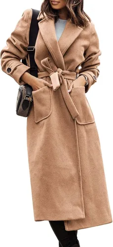 Vista 2 de Yousify Abrigo de manga larga con solapa con muescas para mujer, abrigo largo casual para otoño e invierno con cinturón