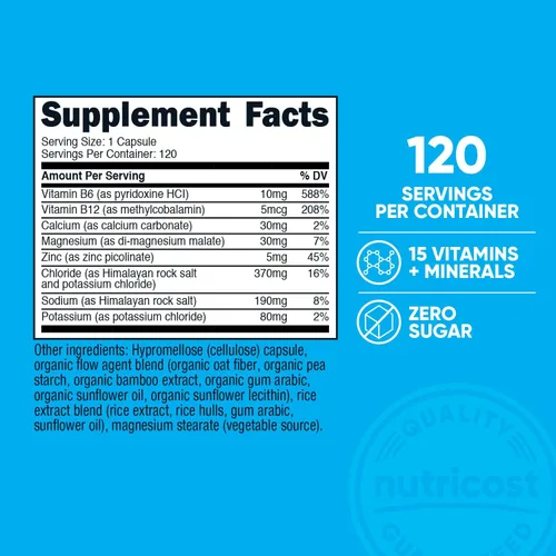 Vista 2 de Nutricost Electrolyte Complex Advanced Hydration (120 cápsulas) – 8 electrolitos hidratantes y vitaminas, sin gluten, sin OGM, vegetariano