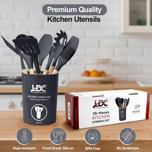 Vista 2 de LDC - Juego de utensilios de cocina de silicona de 35 piezas con soporte, silicona de grado alimenticio sin BPA, asas de madera resistentes al Gris