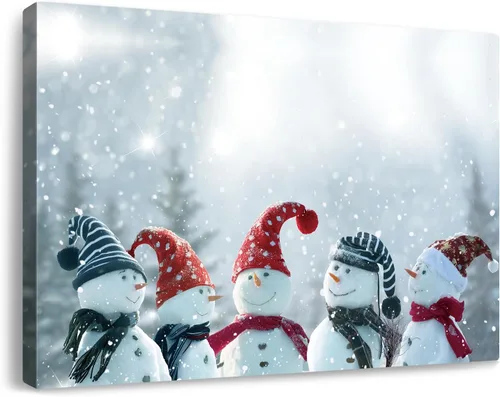 Vista 18 de gaosoul Lienzo de muñeco de nieve navideño para pared, lindo muñeco de nieve en pintura de paisaje nevado, póster navideño para sala de estar