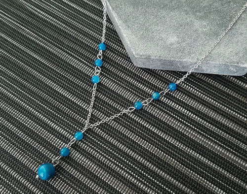 Vista 7 de Natural Crystal Bead Blue Agate Stone Y Shaped Lariat Necklace Non-Tarnish Steel Chain