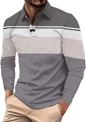 Vista 11 de Camisas polo de manga larga con estampado a rayas para hombre, camiseta de golf para exteriores, cuello en V, camiseta clásica de negocios