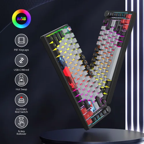 Vista 4 de Fogruaden Teclado mecánico con cable al 75%, montaje de junta intercambiable en caliente con interruptor rojo, retroiluminación RGB de 82 teclas