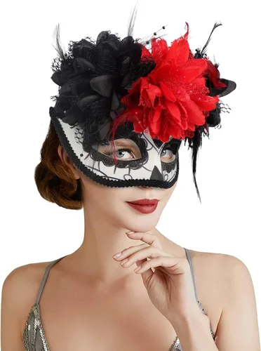 Vista 2 de GREUS Máscara de calavera de azúcar para mujer, máscara del Día de los Muertos mexicano, máscaras de flores para disfraz de Halloween, fiesta