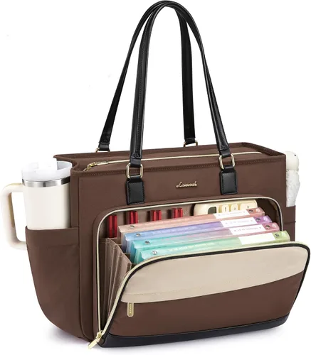 Vista 11 de LOVEVOOK Bolsa de mano para profesores, bolsa para laptop para mujer con portavasos grande y área de archivo de acordeón, bolsa de trabajo