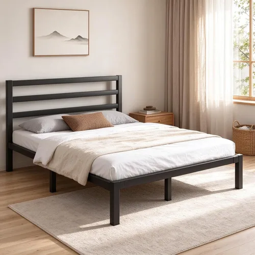 Vista 15 de LoVinson Marco de cama de metal tamaño Queen con cabecero, listones de metal, color blanco