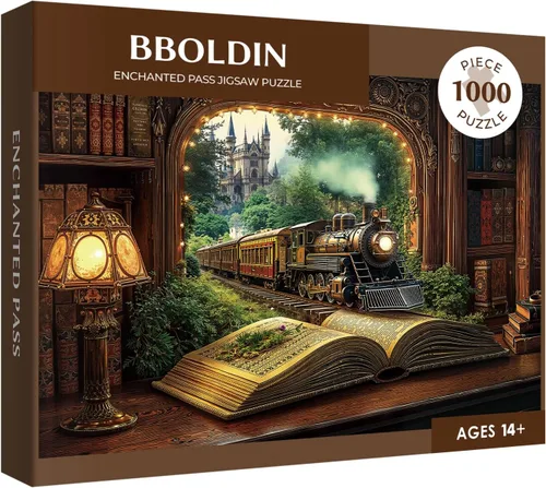 Vista 2 de Rompecabezas de Libro del Bosque del Tren de 1000 Piezas para Adultos, Rompecabezas Mágicos Vintage de Plantas Castillo, Rompecabezas de Estantería