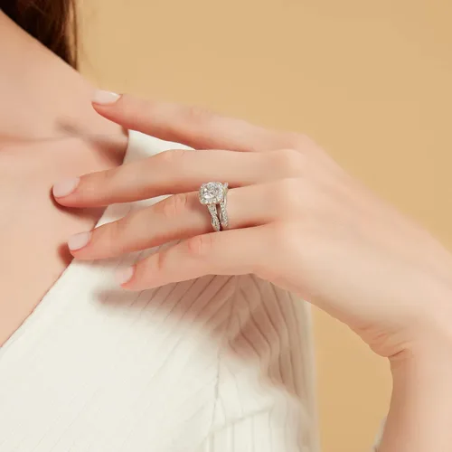 Vista 5 de Mameloly Juego de anillos de boda de 1.2 quilates para mujer, anillos de novia de corte redondo, circonita cúbica, halo de circonita cúbica, anillos
