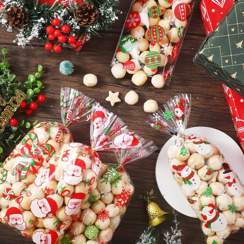 Vista 4 de Pasimy 100 Piezas Bolsas de Celofán Navideñas para Dulces con Lazos Bolsa de Regalo de Plástico Transparente a Granel Bolsas de Celofán Navideñas
