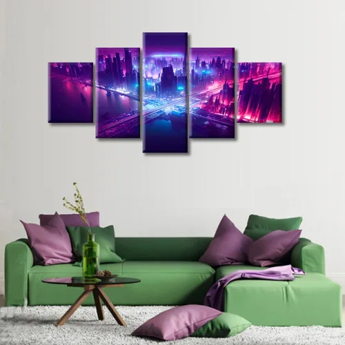 Vista 28 de Cuadros de 5 paneles de Cyberpunk City, arte de pared, representación de vallas publicitarias, edificios modernos en la capital con obras de arte
