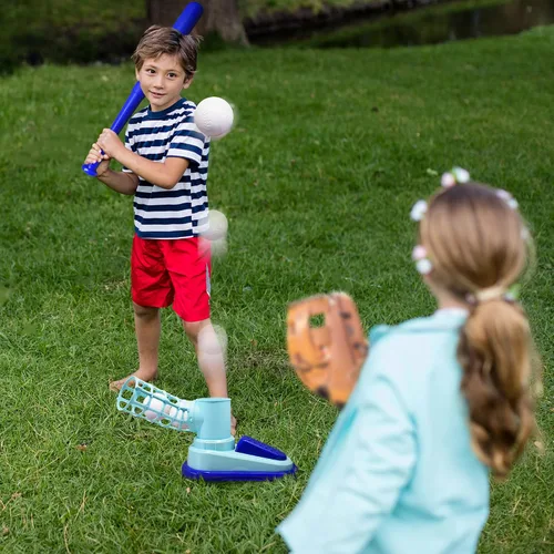 Vista 6 de ArtCreativity Máquina de lanzamiento de béisbol para niños, juguete de lanzar para niños con bate plegable + 3 pelotas de béisbol, entrenador