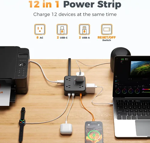 Vista 4 de TESSAN Regleta de alimentación con doble protector de sobretensiones, cable de extensión de 5 pies, enchufe de pared plana con 4 USB (2 USB C) 8
