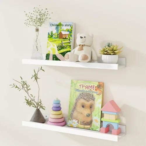 Vista 18 de Fun Memories Juego de 2 estantes flotantes de madera de pino de 24 pulgadas, estantes para libros de guardería, estantes para libros de fotos