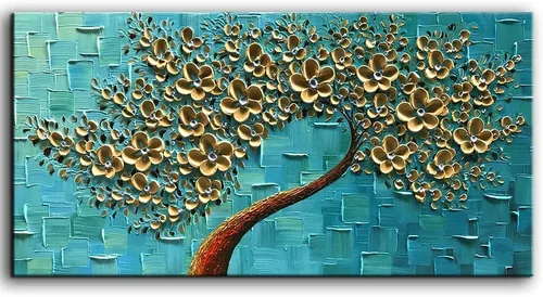 Vista 13 de YaSheng Art - Pintura al óleo de arte contemporánea hecha a mano de flores blancas en lienzo con textura 3D, pinturas de árbol abstractas