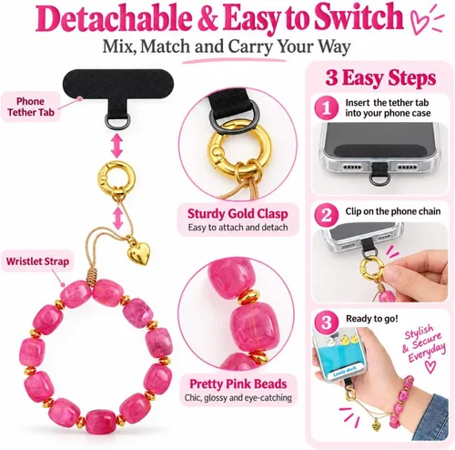 Vista 4 de Long tiantian Correa de pulsera para teléfono con cuentas y dije para A1: rosa intenso