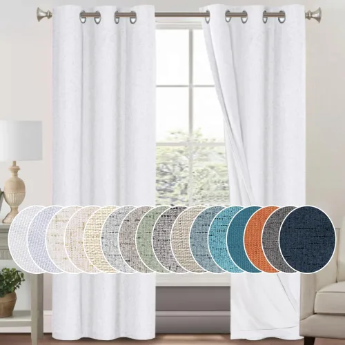 Vista 49 de Cortinas con textura de lino 100% opacas de 64 pulgadas de largo, juego de 2 paneles de cortinas de lino opacas con forro aislante térmico que Arena