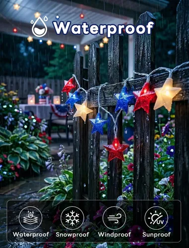 Vista 4 de Tira de luces de estrellas rojas, blancas y azules, 8.5 pies, luces de decoración del 4 de julio con 10 luces rojas, blancas y azules, tira de luces