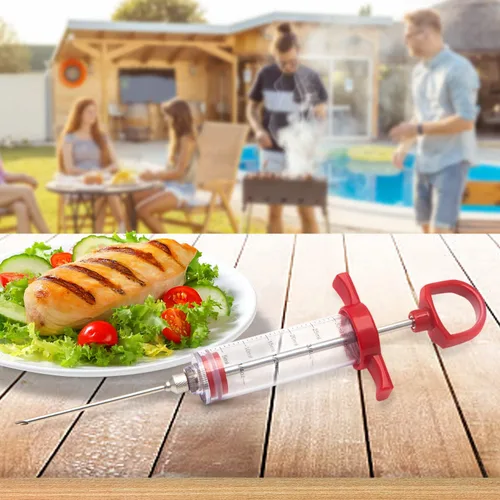 Vista 7 de Inyector de carne, jeringa inyectora de pavo de adobo de plástico con aguja de carne atornillada para parrilla de barbacoa ahumadora, 1 oz, rojo