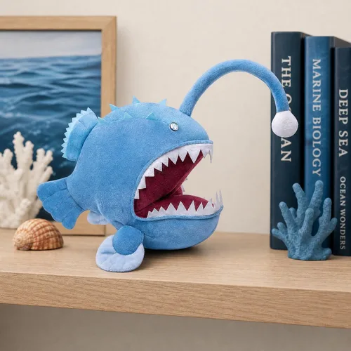 Vista 7 de Juguete de peluche de pez pescador – Lindo pez pescador azul de 12 pulgadas, juguetes de peluche real de la vida marina, pez linterna, juguetes