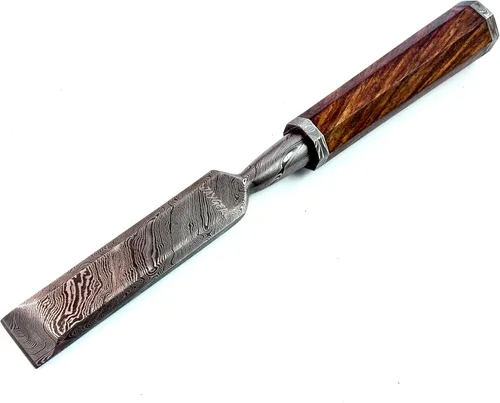 Vista 11 de Juego de cinceles de madera de 5 piezas – Cuchillas de borde biselado de acero de Damasco forjadas a mano con cubiertas de cuero y asas