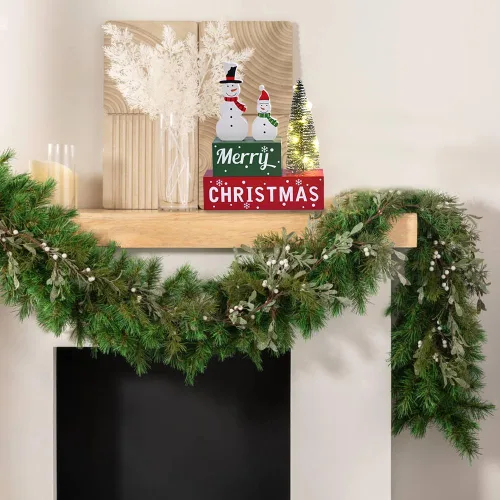 Vista 6 de Decoración de Navidad Feliz para interiores, letrero de mesa de muñeco de nieve de madera de Navidad, decoración de árbol de Navidad iluminada