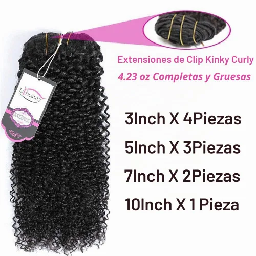 Vista 2 de Extensiones de cabello rizado con clip para mujeres afroamericanas, Urbeauty, Extensiones de cabello rizado con clip para cabello humano para chicas