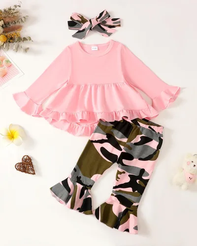 Vista 2 de Conjunto de ropa para bebé niña pequeña, con volantes, pantalones florales, ropa para niñas