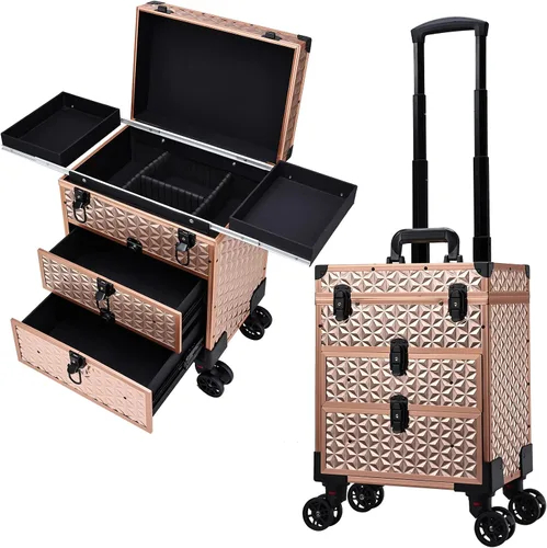 Vista 8 de FRENESSA Estuche Profesional Rodante para Maquillaje de Aluminio con Carrito de Tren y Ruedas para Organizador de Cosméticos de Viaje con Cajones