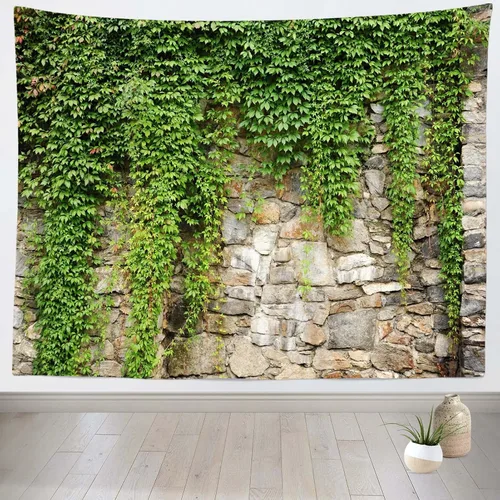 Vista 2 de BELECO Tapiz de pared de piedra con hojas para colgar en la pared, 176 x 118 pulgadas, jardín de primavera, pared de piedra vieja, tapiz de hojas