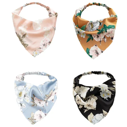Vista 17 de Pañuelo elástico para el cabello, bandanas para el cabello, bufanda de lunares para mujeres y niñas (flor de satén retro)