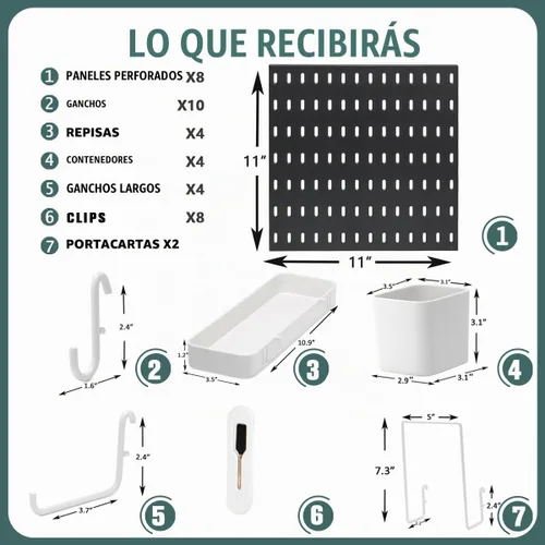 Vista 4 de MULSAME Kit de Combinación de Tablero Perforado, Conjunto de Almacenamiento Montado en Pared con 8 Tableros Perforados y 32 Accesorios Colgantes