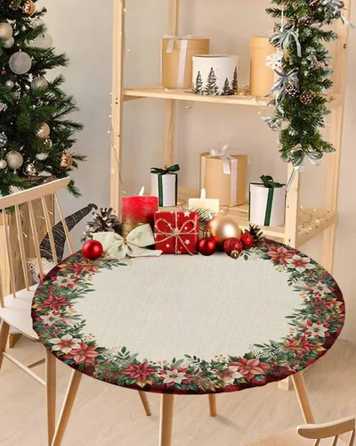 Vista 9 de Mantel ajustado para mesa redonda, mantel de otoño con hojas de otoño y calabaza de Acción de Gracias con borde elástico, mantel impermeable de Beige