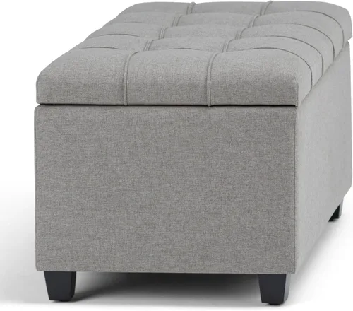 Vista 10 de SIMPLIHOME - Otomana Shiloh de cuero vegano de 48 pulgadas de ancho en color marrón castaño Otomana de transición con tapa capitoné y elevable